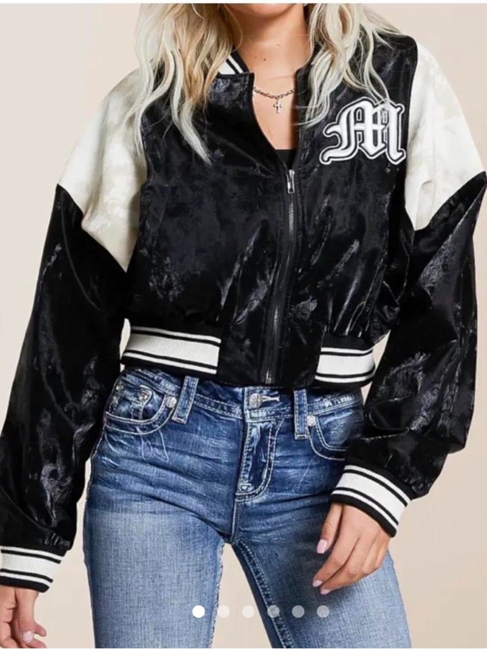 NWOT Pieced Sheen Faux Leather Bomber Jacket by Miss Me